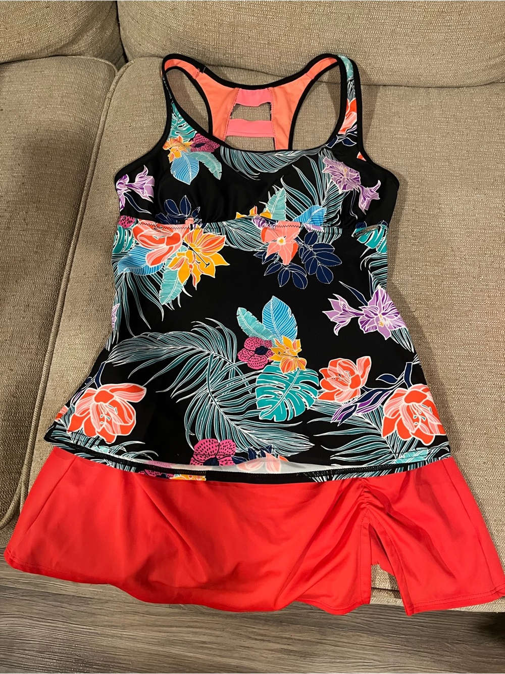 Tropical Floral Tankini Set in Black and Coral